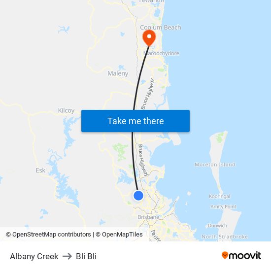 Albany Creek to Bli Bli map