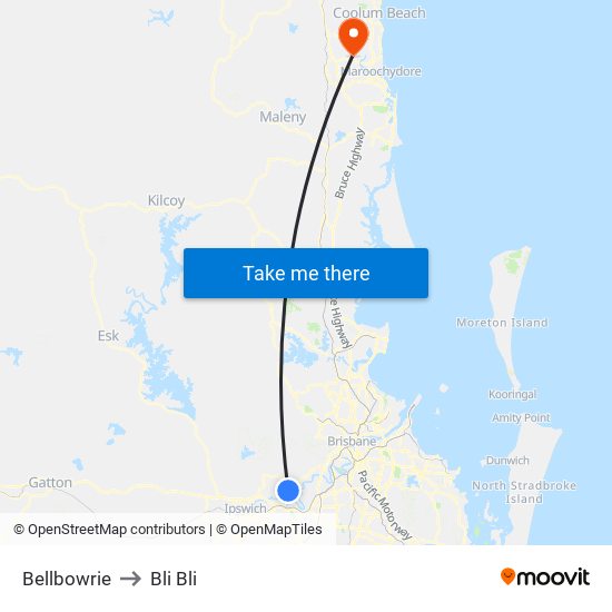 Bellbowrie to Bli Bli map