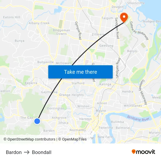 Bardon to Boondall map