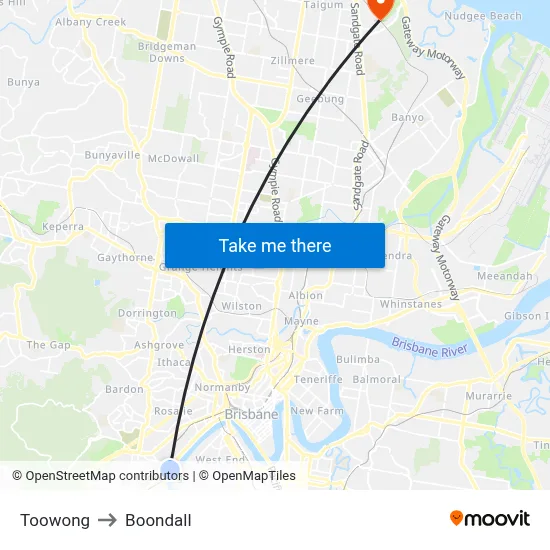 Toowong to Boondall map