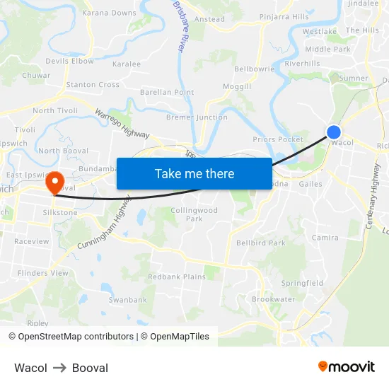 Wacol to Booval map