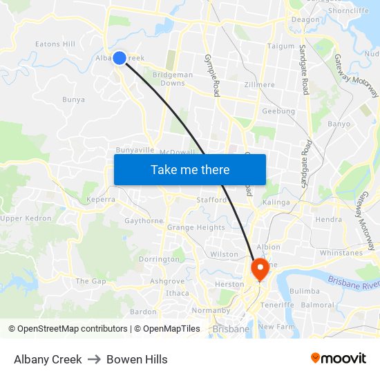 Albany Creek to Bowen Hills map