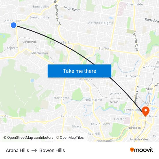 Arana Hills to Bowen Hills map