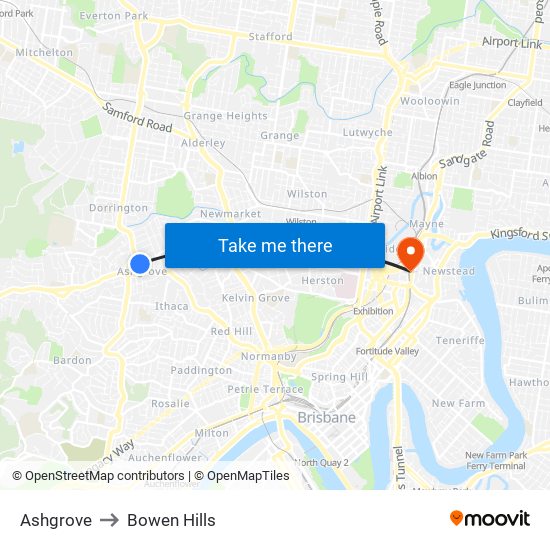 Ashgrove to Bowen Hills map