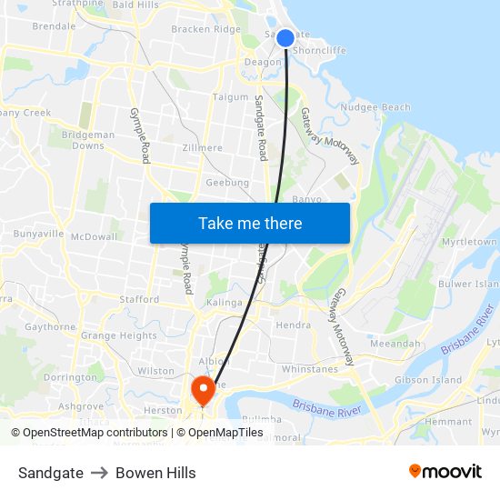 Sandgate to Bowen Hills map