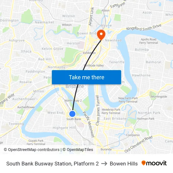 South Bank Busway Station, Platform 2 to Bowen Hills map