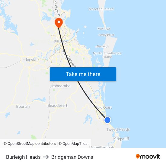 Burleigh Heads to Bridgeman Downs map