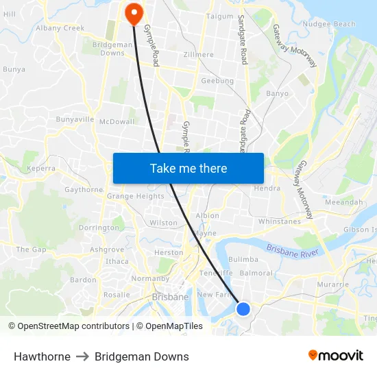Hawthorne to Bridgeman Downs map