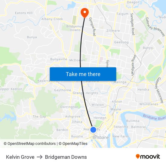 Kelvin Grove to Bridgeman Downs map