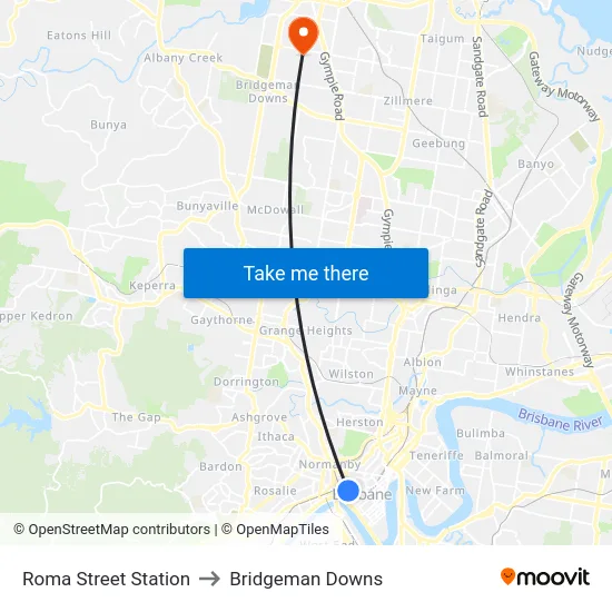 Roma Street Station to Bridgeman Downs map
