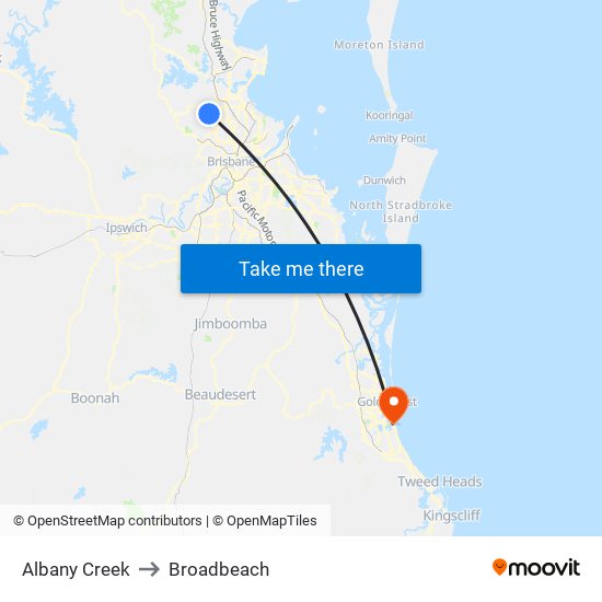 Albany Creek to Broadbeach map