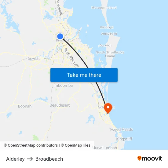 Alderley to Broadbeach map