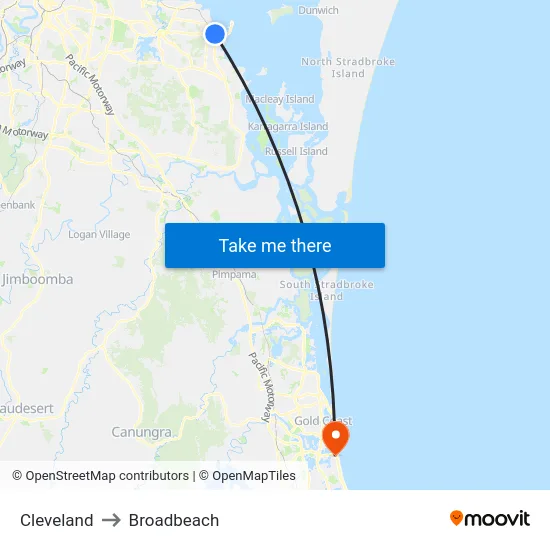 Cleveland to Broadbeach map