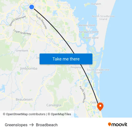 Greenslopes to Broadbeach map
