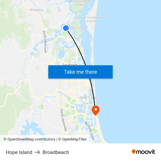 Hope Island to Broadbeach map