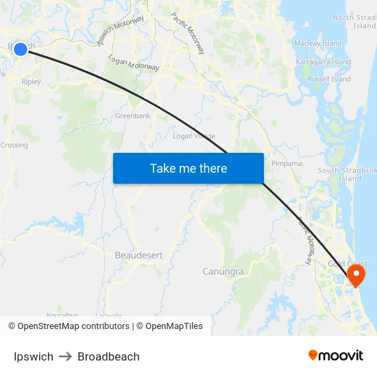 Ipswich to Broadbeach map