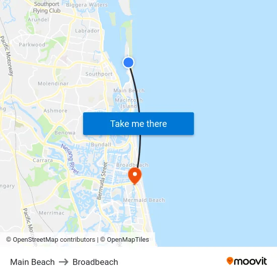 Main Beach to Broadbeach map
