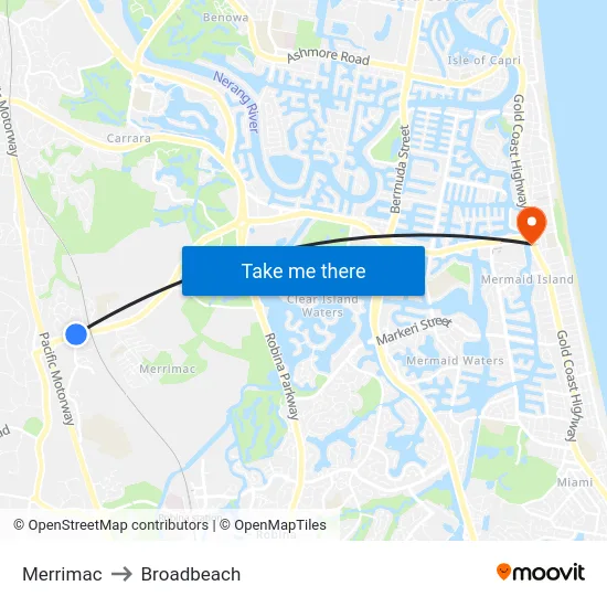 Merrimac to Broadbeach map