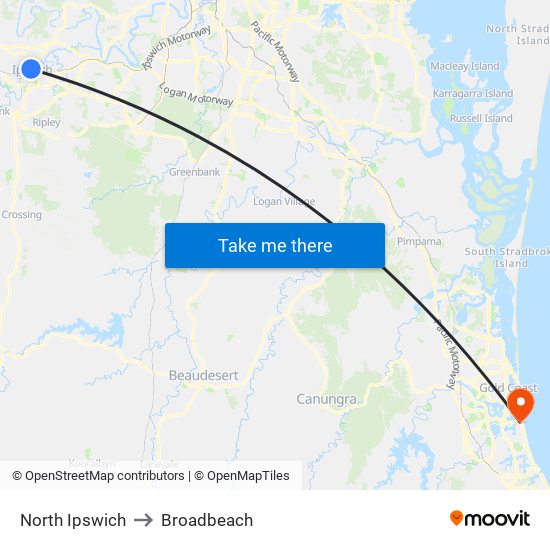 North Ipswich to Broadbeach map