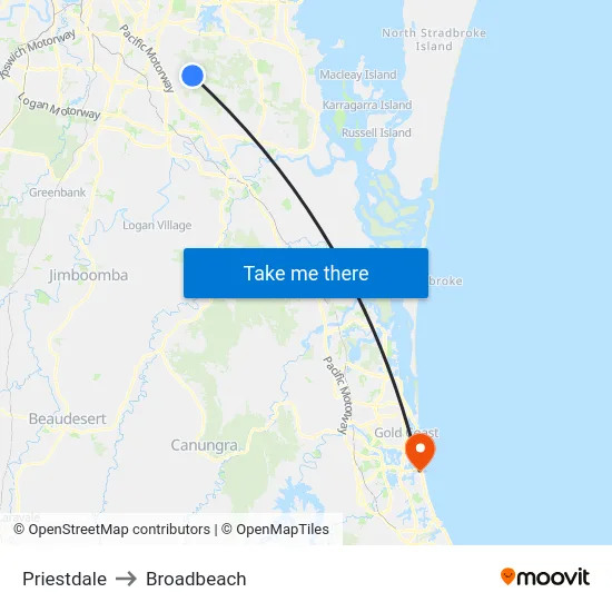 Priestdale to Broadbeach map