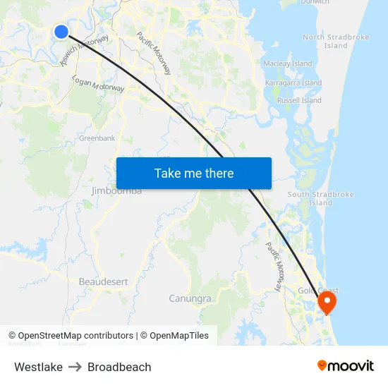 Westlake to Broadbeach map