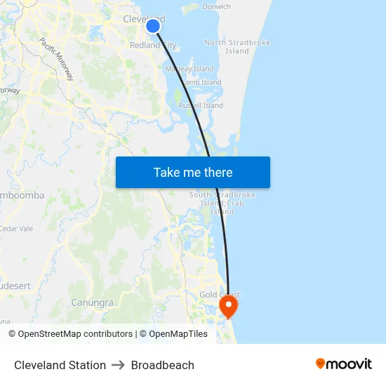 Cleveland Station to Broadbeach map