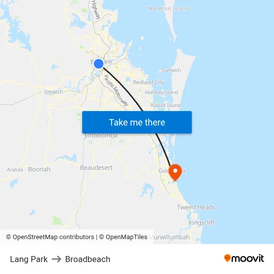 Lang Park to Broadbeach map