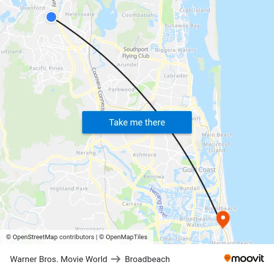 Warner Bros. Movie World to Broadbeach map