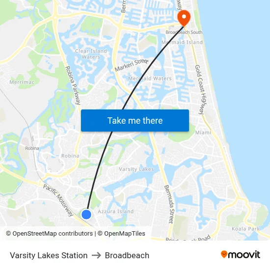 Varsity Lakes Station to Broadbeach map