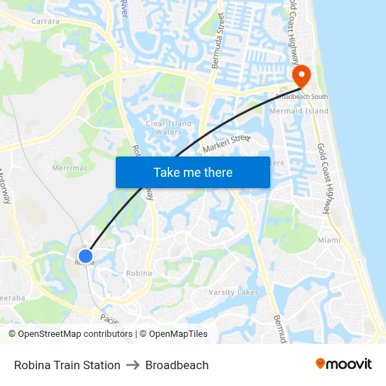 Robina Train Station to Broadbeach map