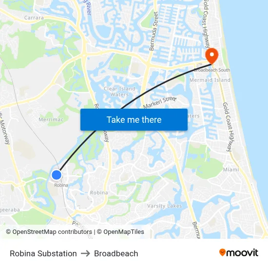 Robina Substation to Broadbeach map