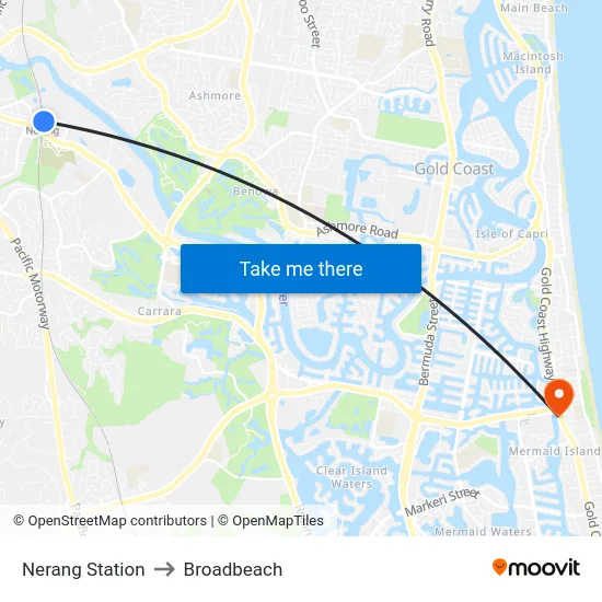 Nerang Station to Broadbeach map