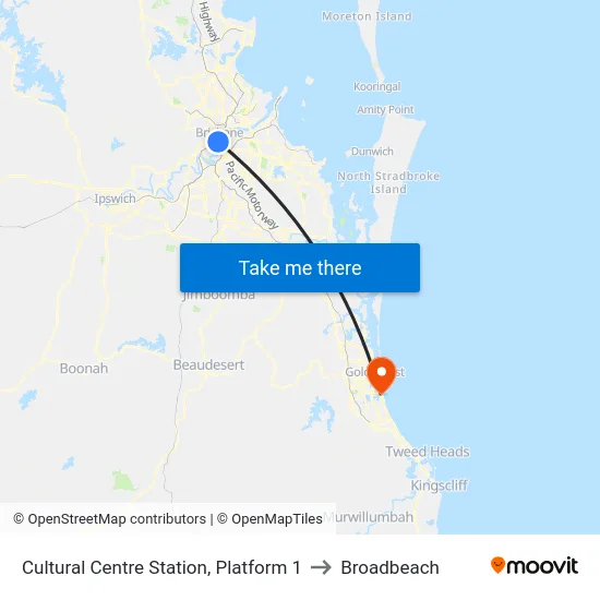 Cultural Centre Station, Platform 1 to Broadbeach map