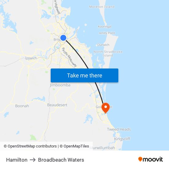 Hamilton to Broadbeach Waters map