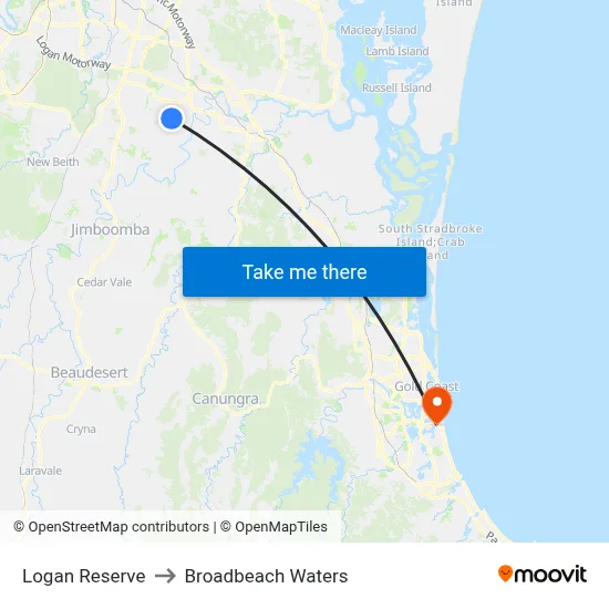 Logan Reserve to Broadbeach Waters map