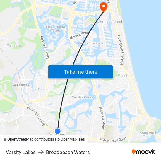 Varsity Lakes to Broadbeach Waters map