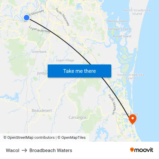 Wacol to Broadbeach Waters map