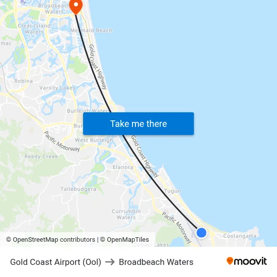 Gold Coast Airport (Ool) to Broadbeach Waters map