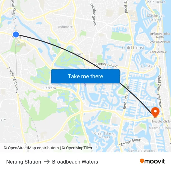 Nerang Station to Broadbeach Waters map