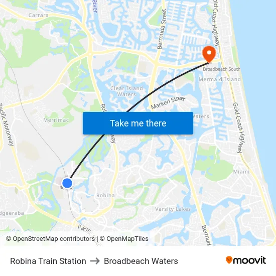 Robina Train Station to Broadbeach Waters map