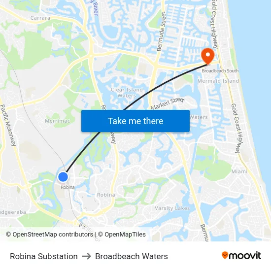 Robina Substation to Broadbeach Waters map