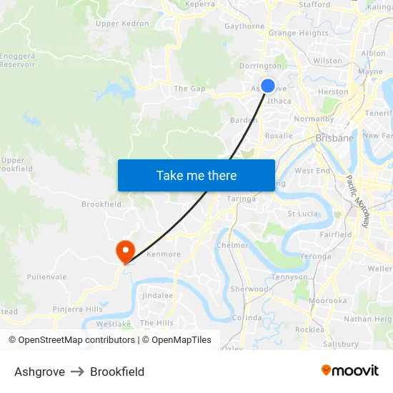 Ashgrove to Brookfield map