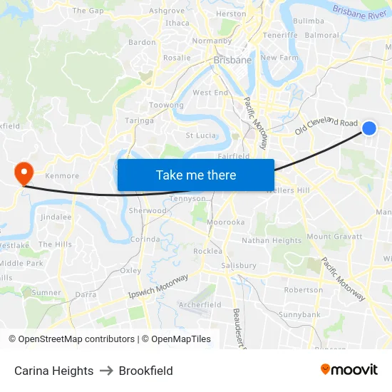 Carina Heights to Brookfield map