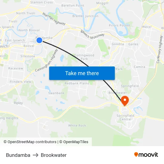 Bundamba to Brookwater map