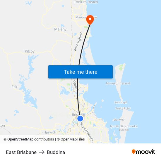 East Brisbane to Buddina map