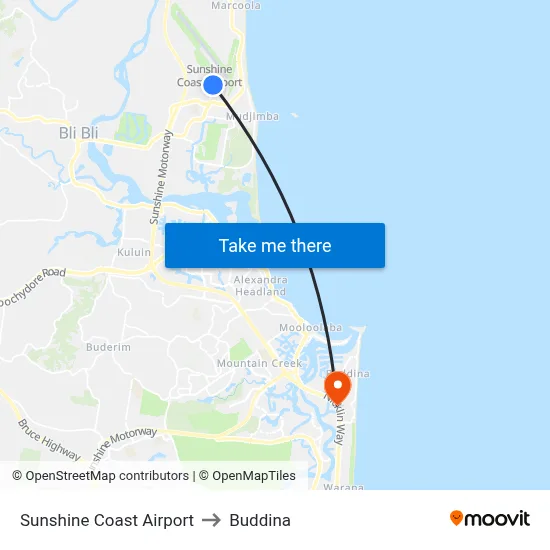 Sunshine Coast Airport to Buddina map