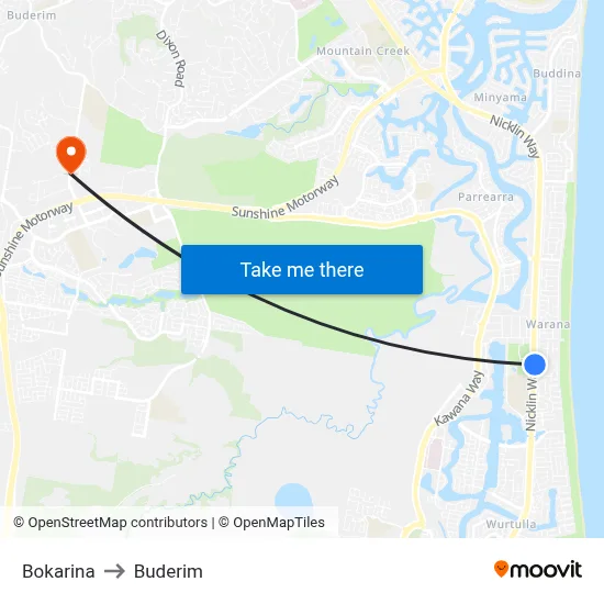 Bokarina to Buderim map