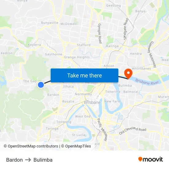 Bardon to Bulimba map