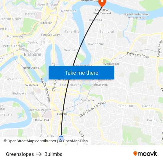 Greenslopes to Bulimba map
