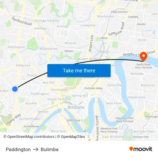 Paddington to Bulimba map